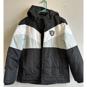 Las Vegas Raiders NFL Women Coat Puffer Jacket Hooded Worn Once! Logo Patch Lg